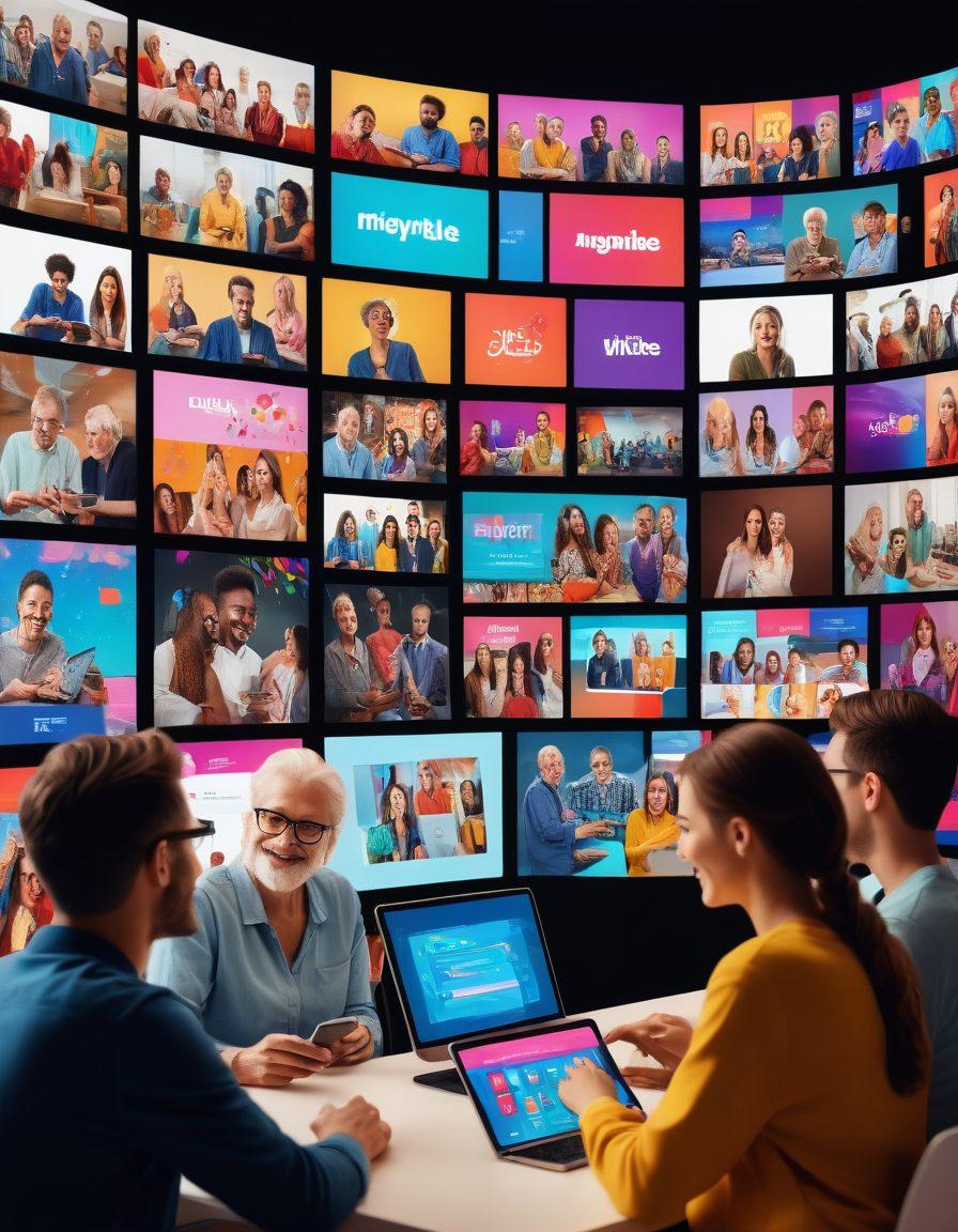 A dynamic scene featuring people of all ages and backgrounds watching and sharing videos on various devices, set against a backdrop of a streaming interface highlighting MegaTube's branding. The image should convey energy, connection, and joy, with screens displaying diverse content. vibrant colors. modern digital art. energetic vibe.