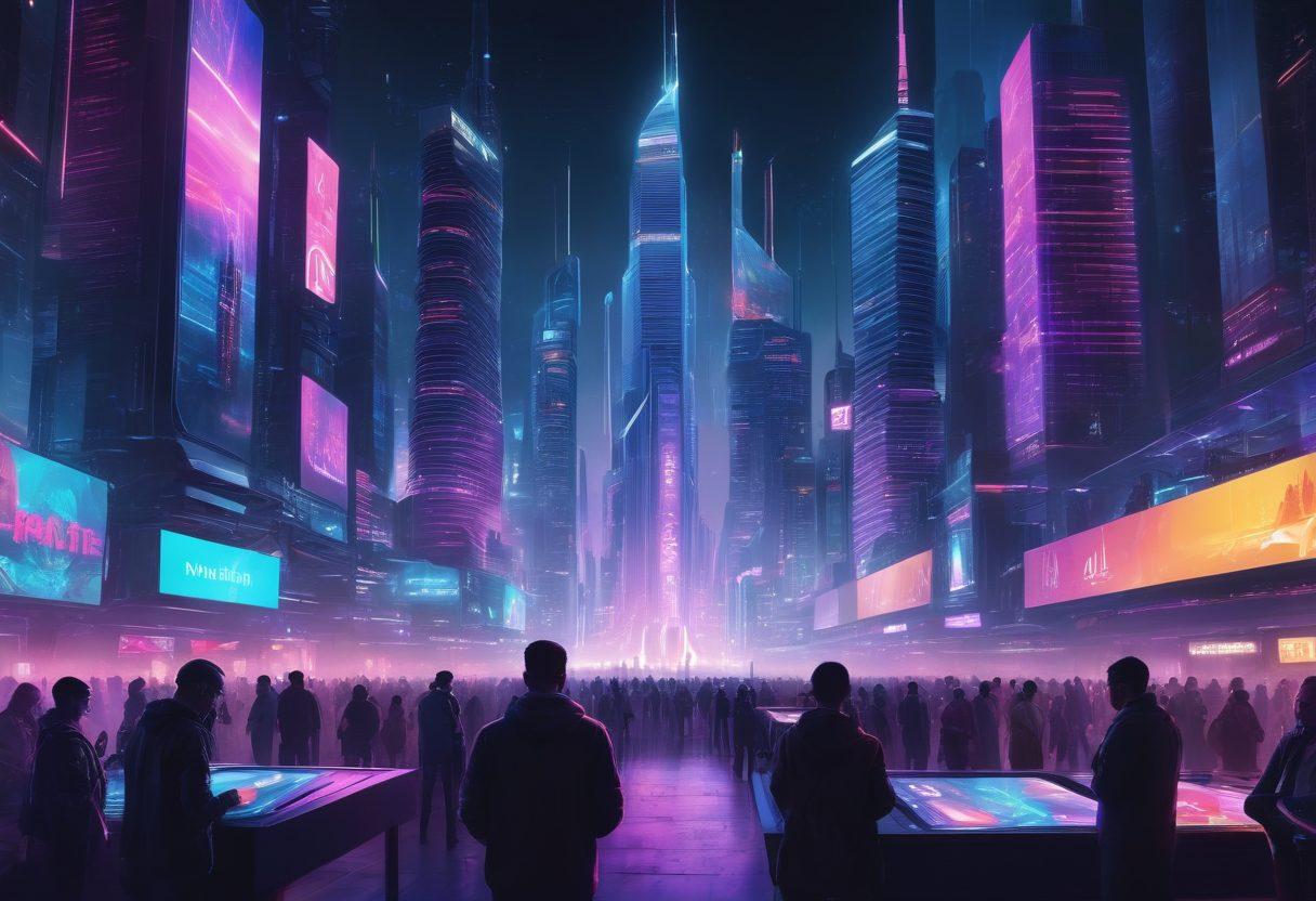 A dynamic scene of a futuristic cityscape with towering skyscrapers, each building glowing with individual screens displaying diverse video thumbnails. In the foreground, a diverse group of people is engaged, watching videos on various devices such as tablets, smartphones, and VR headsets. Above it all floats a holographic logo of 'MegaTube' with pulsating lights. cyberpunk. vibrant colors. 3D.