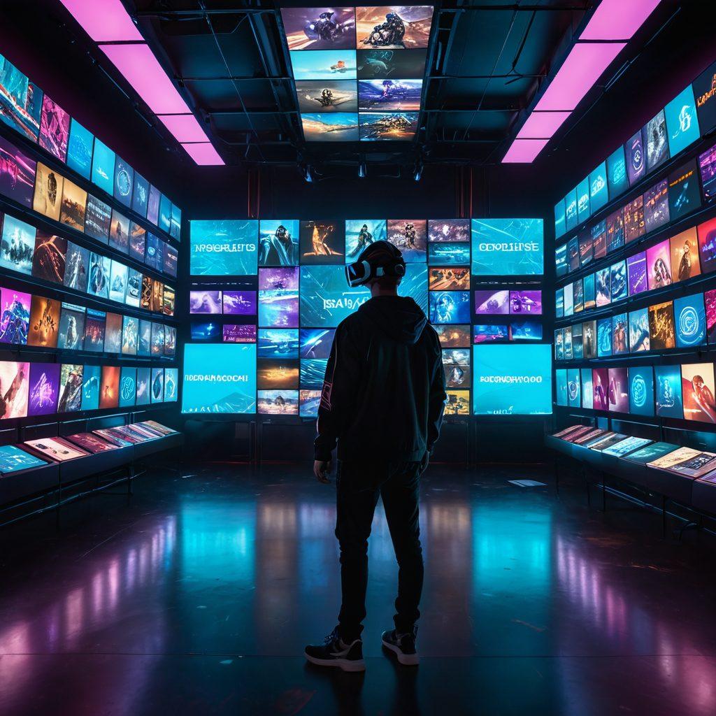 A futuristic, glowing mega-video library with endless rows of screens displaying various content genres, from movies to tutorials, all glowing in vibrant hues. In the center, a user with VR headset, overwhelmed with excitement, exploring the vast collection. Digital holograms and high-tech ambiance reflect the revolution in content streaming. cyberpunk. super-realistic. vibrant colors.
